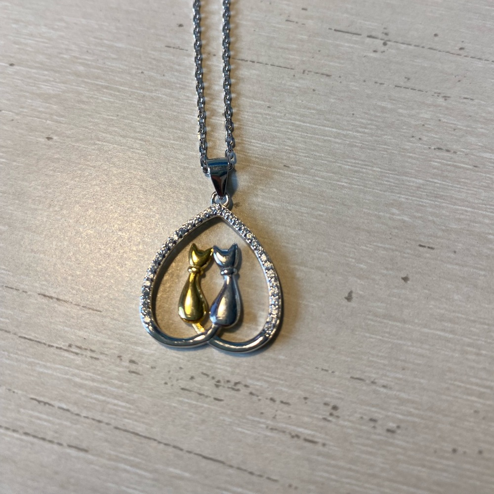 Kitty Cat,Gold & Silver; Diamond Heart Necklace